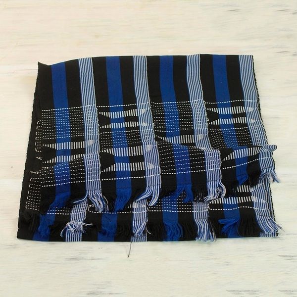Alternate image for Blue Black and White Hand Woven 100 Cotton Kente Shawl Textured Delft Blue