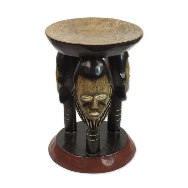 Alternate image for Handcrafted Decorative Stool with Face Designs from Ghana Household Family