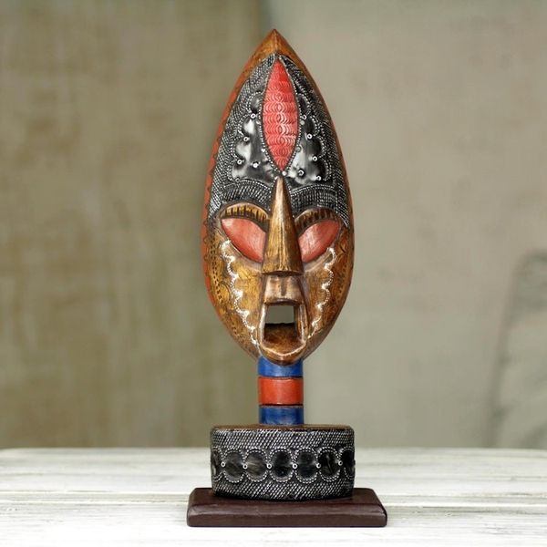 Alternate image for Hand Carved Wood African Warrior Mask on Stand Warrior of Africa