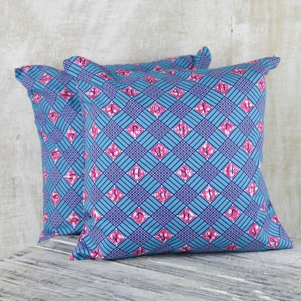 100 Cotton Pink and Blue Weave Print Pair of Cushion Covers 'Blue Weave'