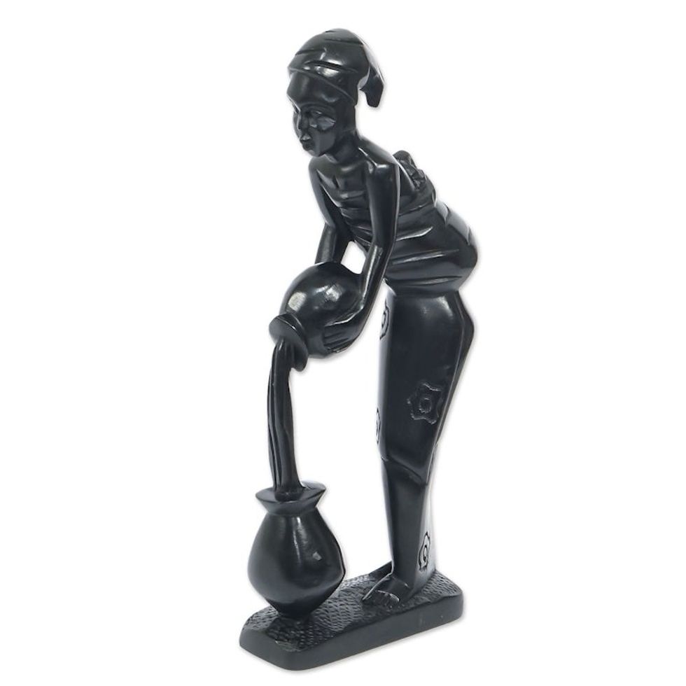 Hand-Carved Ebony Wood Statuette of Mother and Child 'Afia Maame'