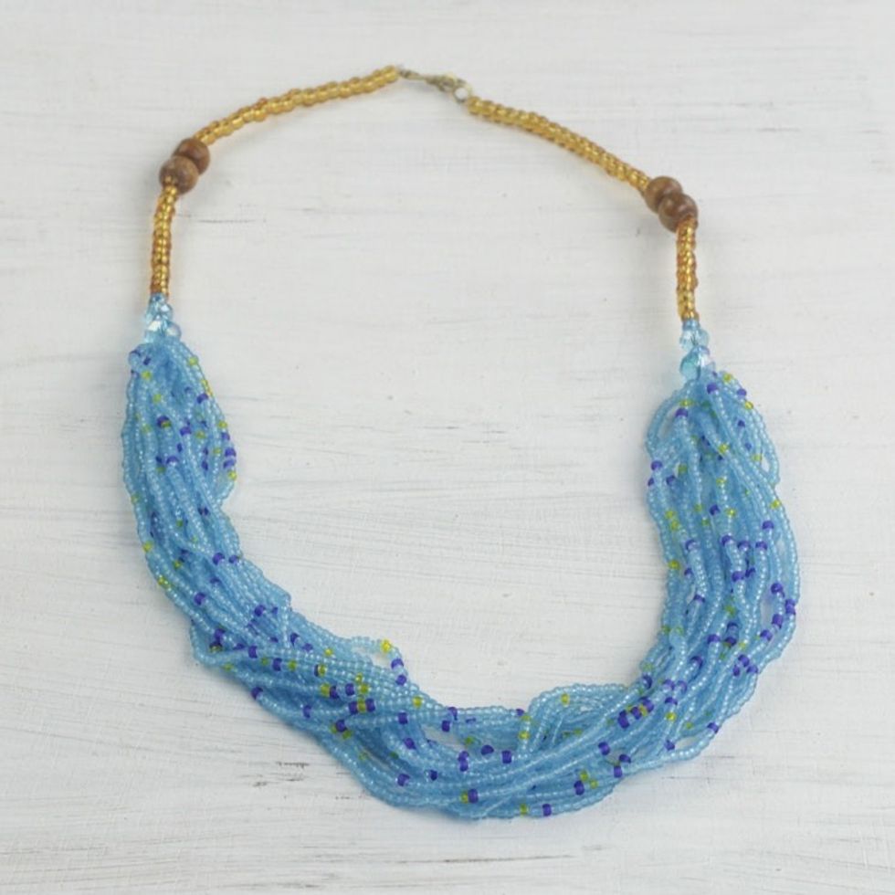 Recycled Glass Beaded Necklace in Sky Blue from Ghana 'Sprightly Sky'