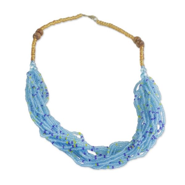 Alternate image for Recycled Glass Beaded Necklace in Sky Blue from Ghana Sprightly Sky