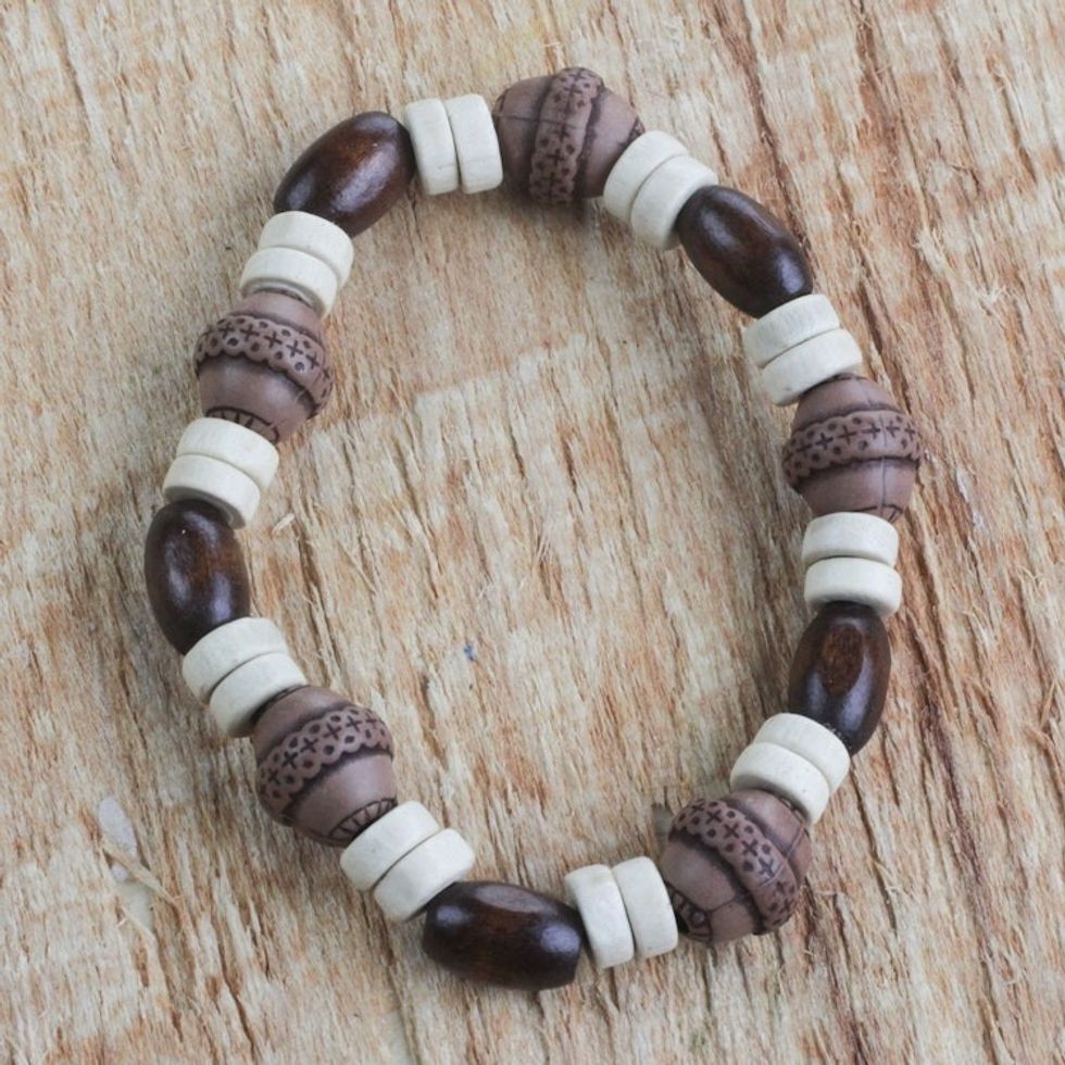 Wood and Recycled Plastic Beaded Stretch Bracelet from Ghana 'Earthy Charm'
