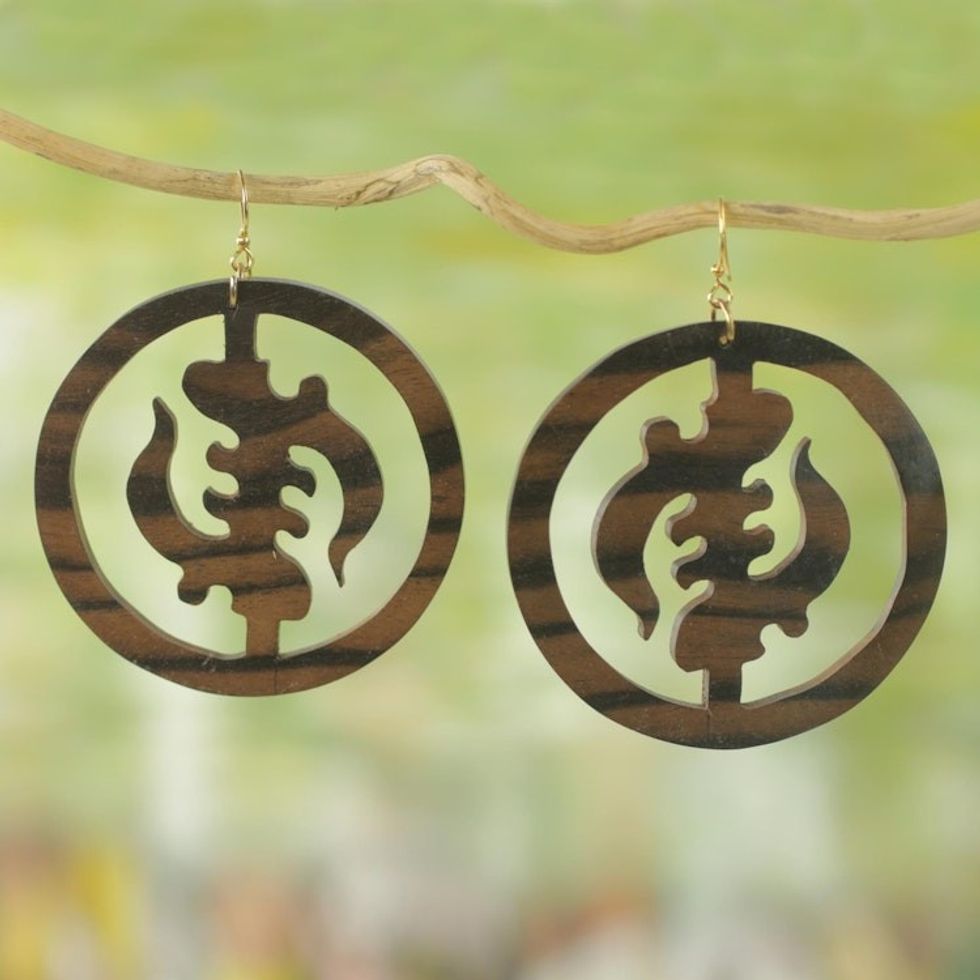 Ebony Wood Circular Adinkra Dangle Earrings from Ghana 'Round Gye Nyame'