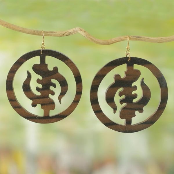 Alternate image for Ebony Wood Circular Adinkra Dangle Earrings from Ghana Round Gye Nyame