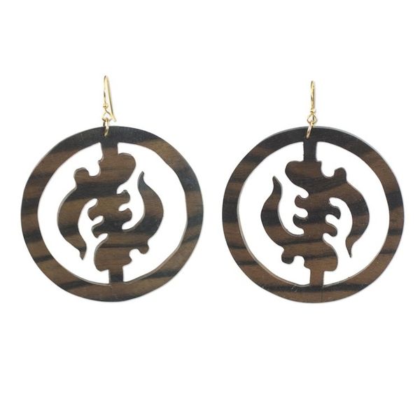 Alternate image for Ebony Wood Circular Adinkra Dangle Earrings from Ghana Round Gye Nyame