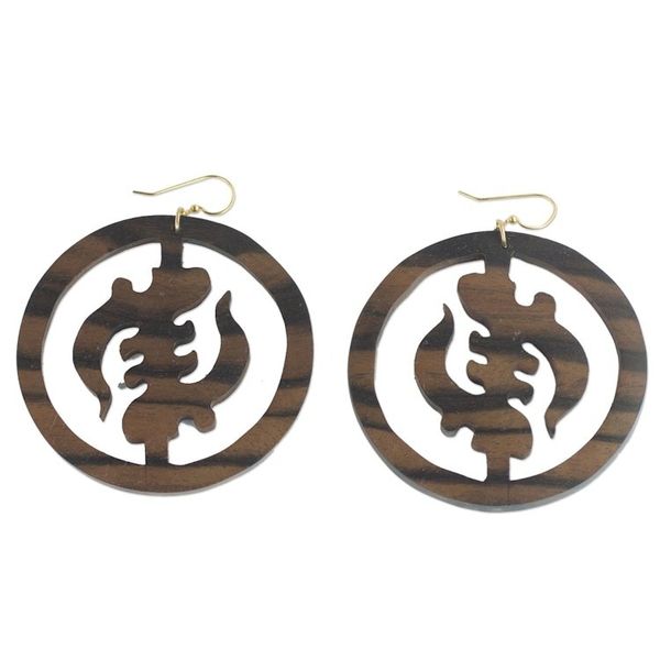 Alternate image for Ebony Wood Circular Adinkra Dangle Earrings from Ghana Round Gye Nyame