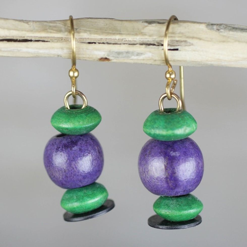 Purple and Green Sese Wood Beaded Dangle Earrings 'Grape Vineyard'