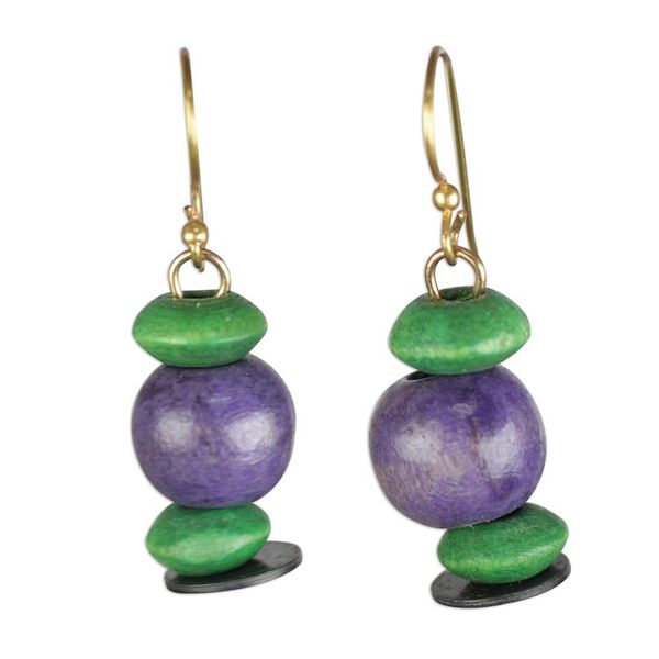 Alternate image for Purple and Green Sese Wood Beaded Dangle Earrings Grape Vineyard