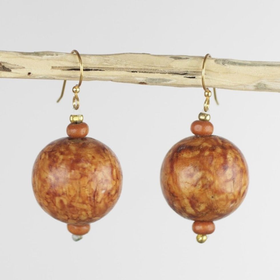 Wood Beaded Dangle Earrings Artisan Crafted Jewelry 'Blessed'