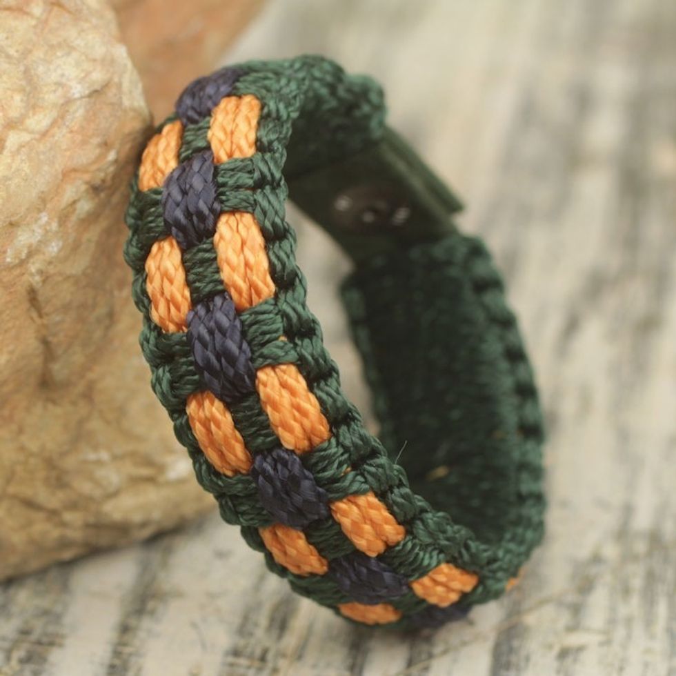 Hand Woven Men's Cord Bracelet in Green, Navy and Gold 'Golden Dot'