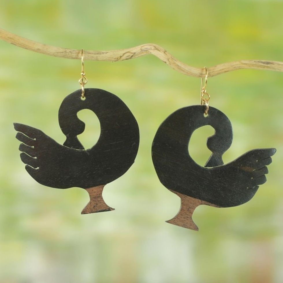 Ebony Wood Adinkra Bird Dangle Earrings from Bali 'Adinkra Roots'