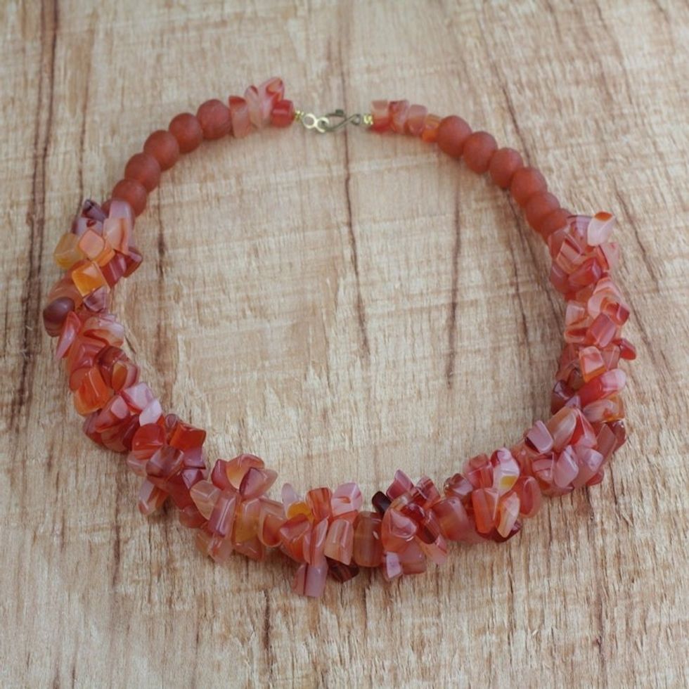 Handmade Coral Red Agate and Recycled Glass Beaded Necklace 'Coral Kiss'
