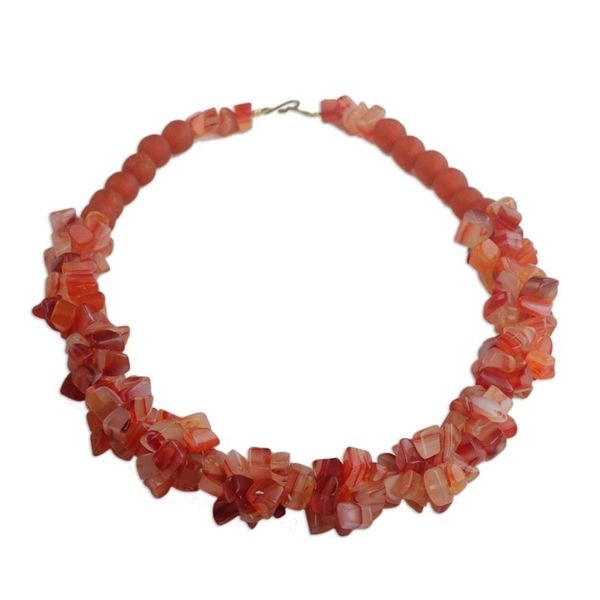 Alternate image for Handmade Coral Red Agate and Recycled Glass Beaded Necklace Coral Kiss