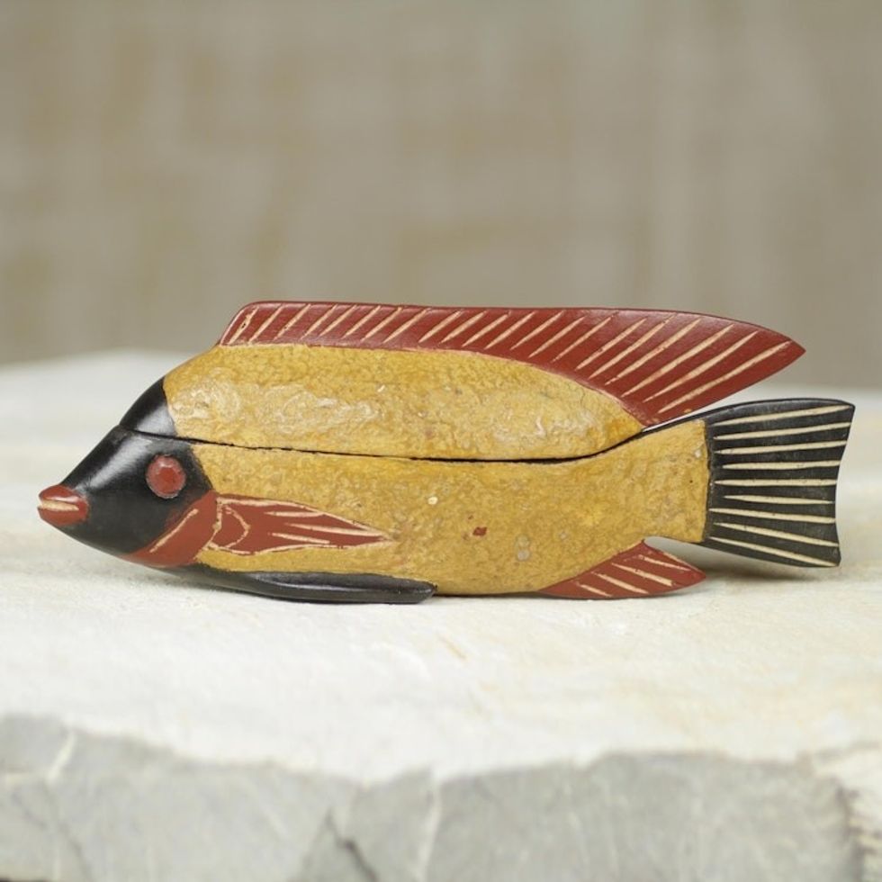 Ghana Fish Theme Artisan Crafted Decorative Wood Box 'Yellow Ga Fish'