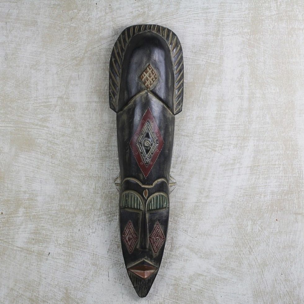 Sese Wood and Aluminum Wall Mask Hand Carved in Ghana 'Barima'