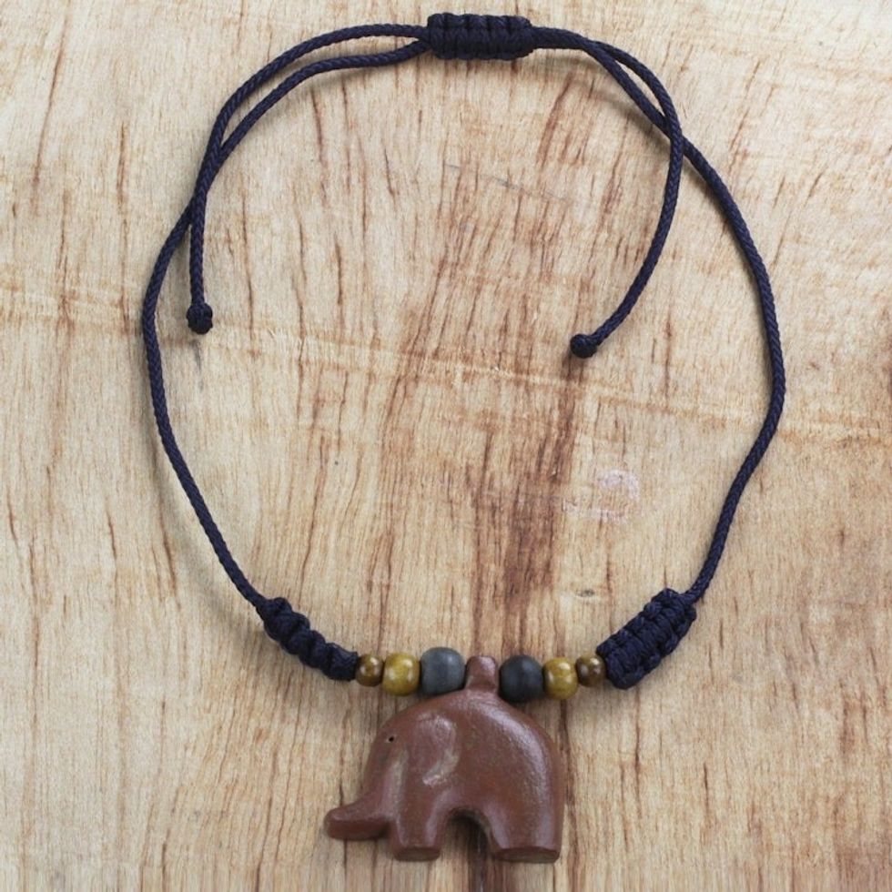 Hand Carved Sese Wood African Elephant Cord Necklace 'Faithful Elephant'