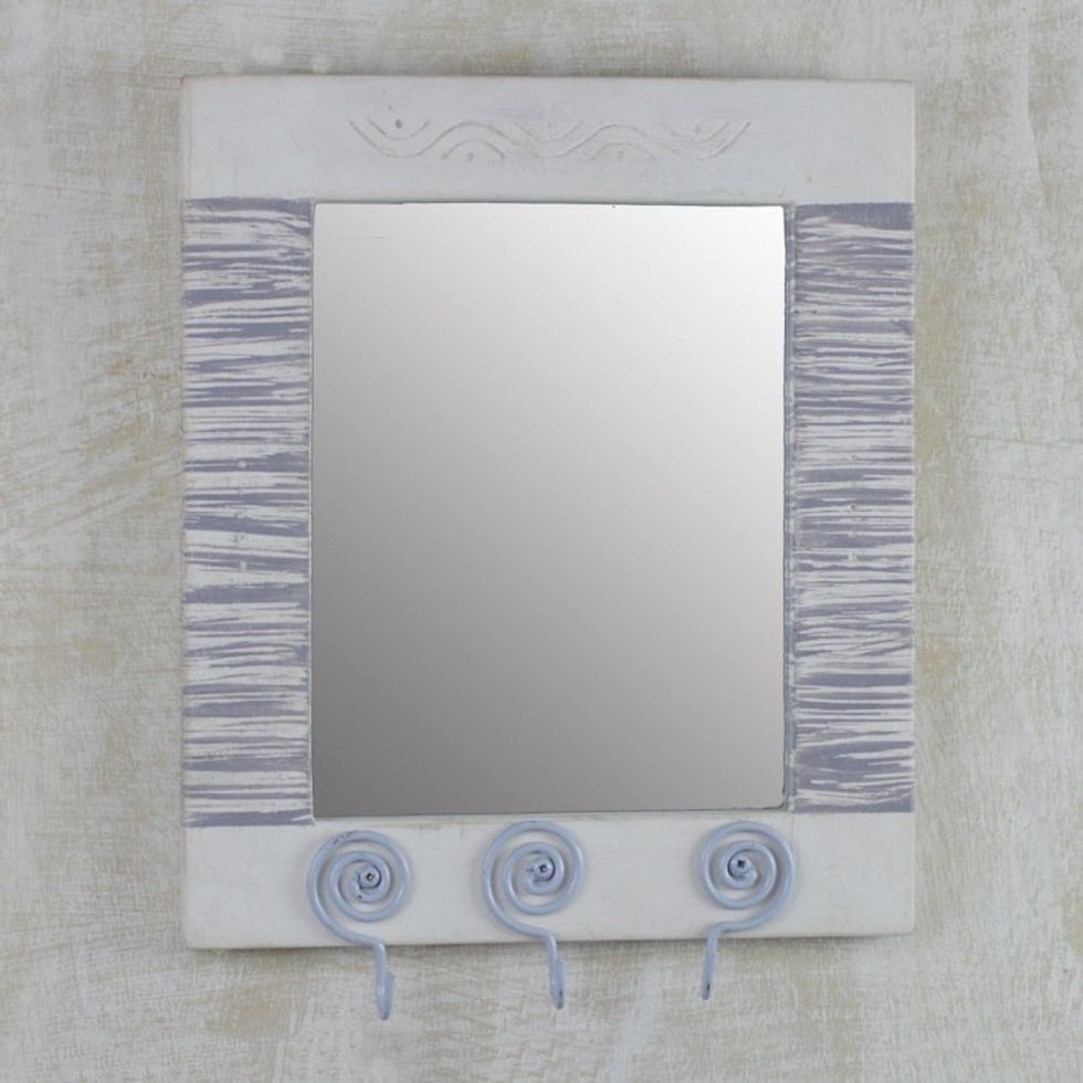 Ghanaian Wood Wall Mirror with Three Accessory Hooks 'Reflections of Tomorrow'
