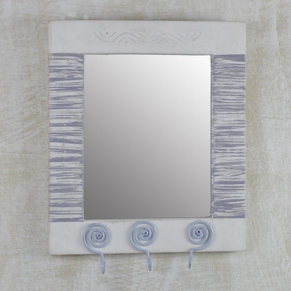 Alternate image for Ghanaian Wood Wall Mirror with Three Accessory Hooks Reflections of Tomorrow