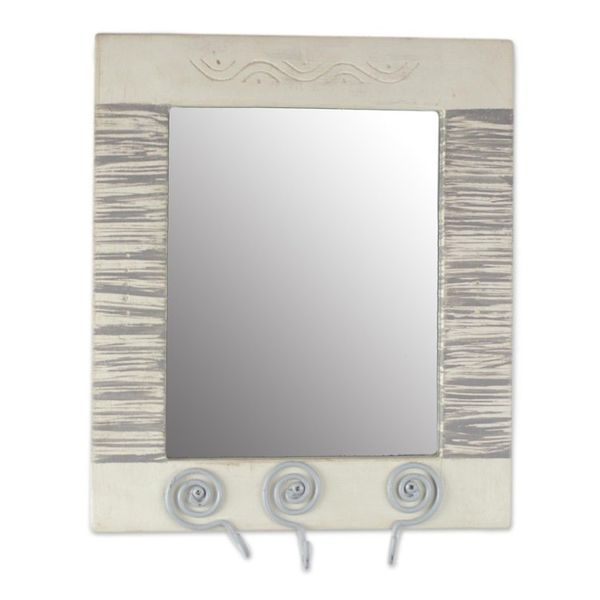 Alternate image for Ghanaian Wood Wall Mirror with Three Accessory Hooks Reflections of Tomorrow