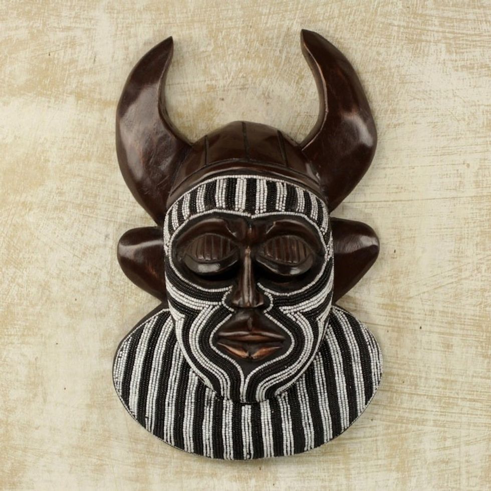 Black and White Beaded African Wood Horn Wall Mask of Power 'Kafo Horns'