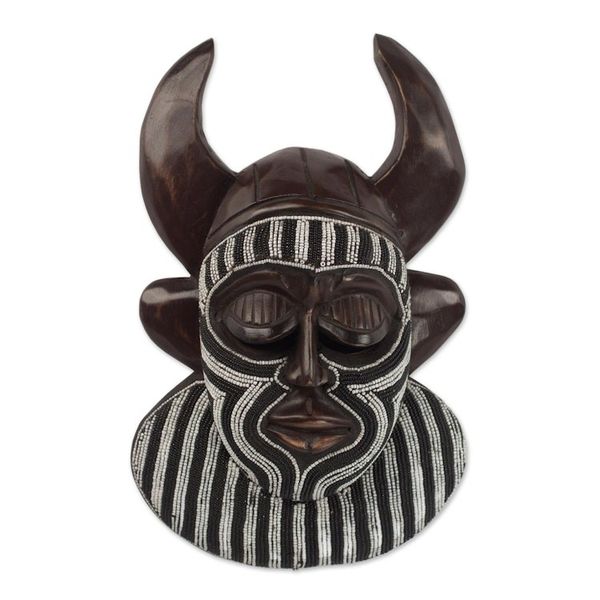 Alternate image for Black and White Beaded African Wood Horn Wall Mask of Power Kafo Horns
