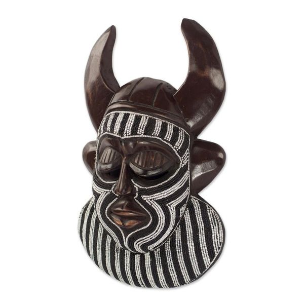 Alternate image for Black and White Beaded African Wood Horn Wall Mask of Power Kafo Horns