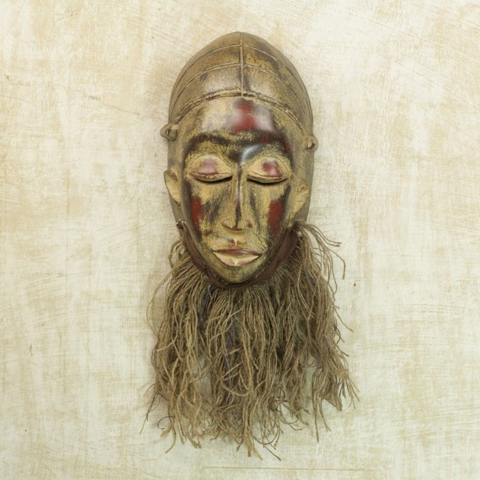 Sese Wood and Raffia African Replica Mask from Ghana 'Bearded Baule'