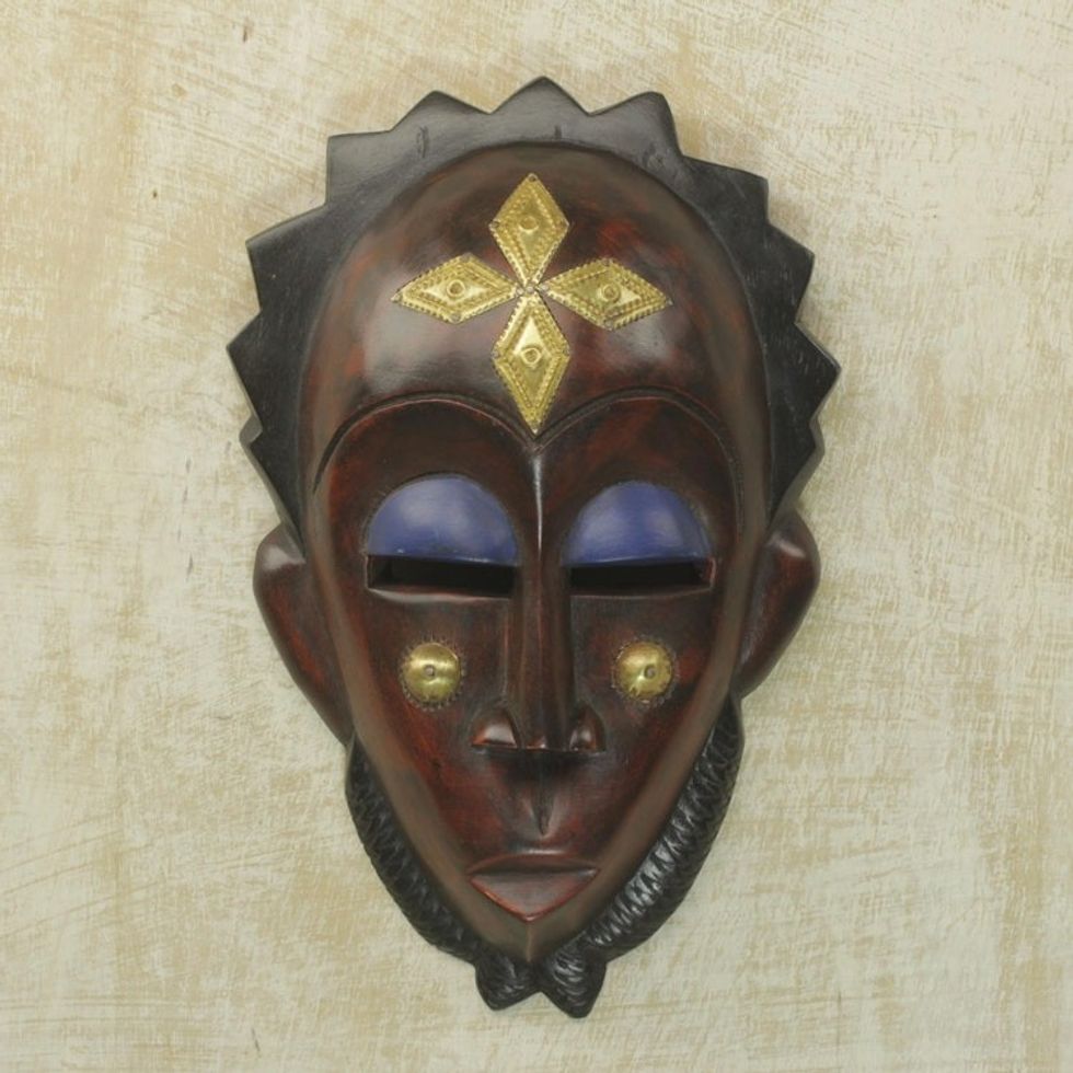 Handmade African Sese Wood and Brass Mask from Ghana 'Gleaming Forehead'