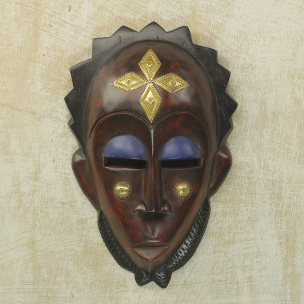 Alternate image for Handmade African Sese Wood and Brass Mask from Ghana Gleaming Forehead