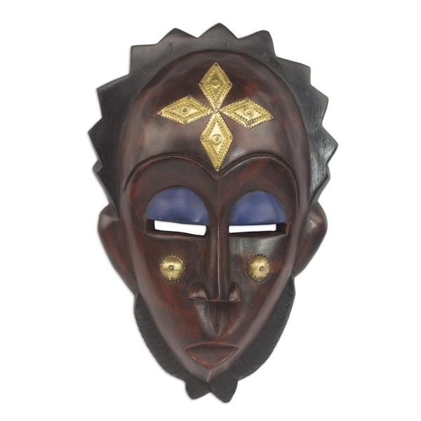Alternate image for Handmade African Sese Wood and Brass Mask from Ghana Gleaming Forehead