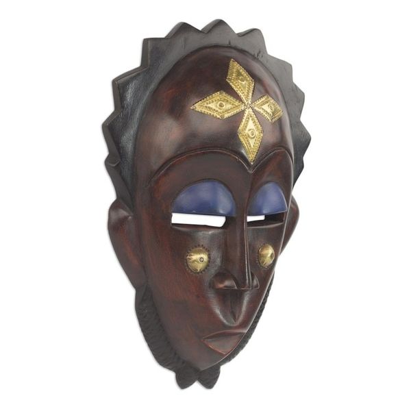 Alternate image for Handmade African Sese Wood and Brass Mask from Ghana Gleaming Forehead