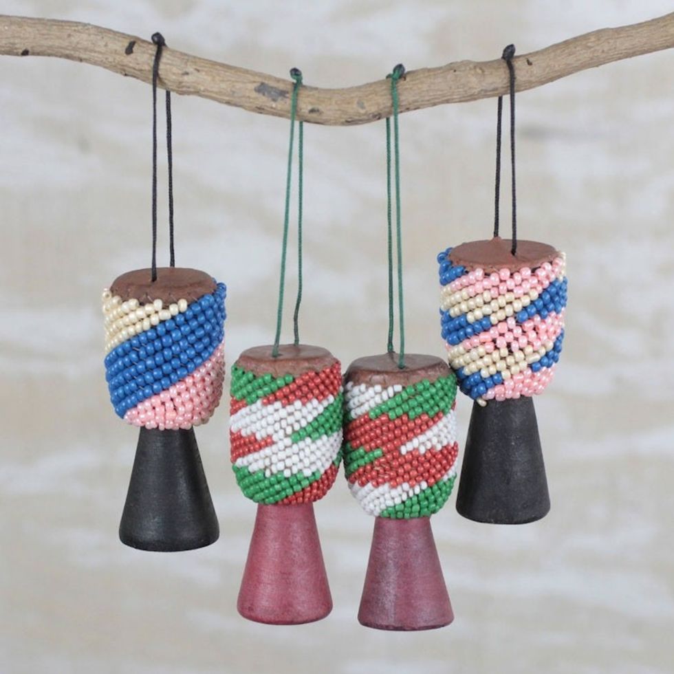 Recycled Glass Wood Beaded Drum Ornaments Set of 4 'Beaded Drums'