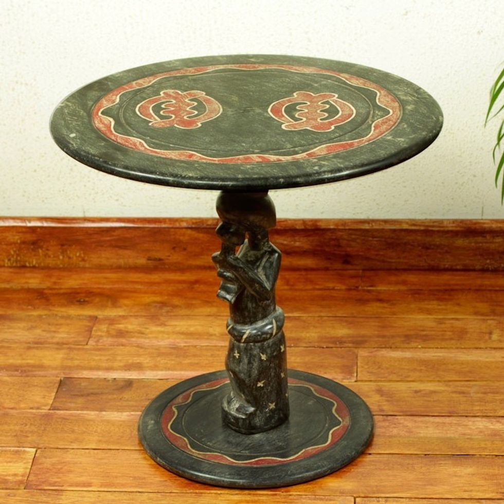 Hand Carved African Accent Table with Adinkra Symbol 'Mother and Child'