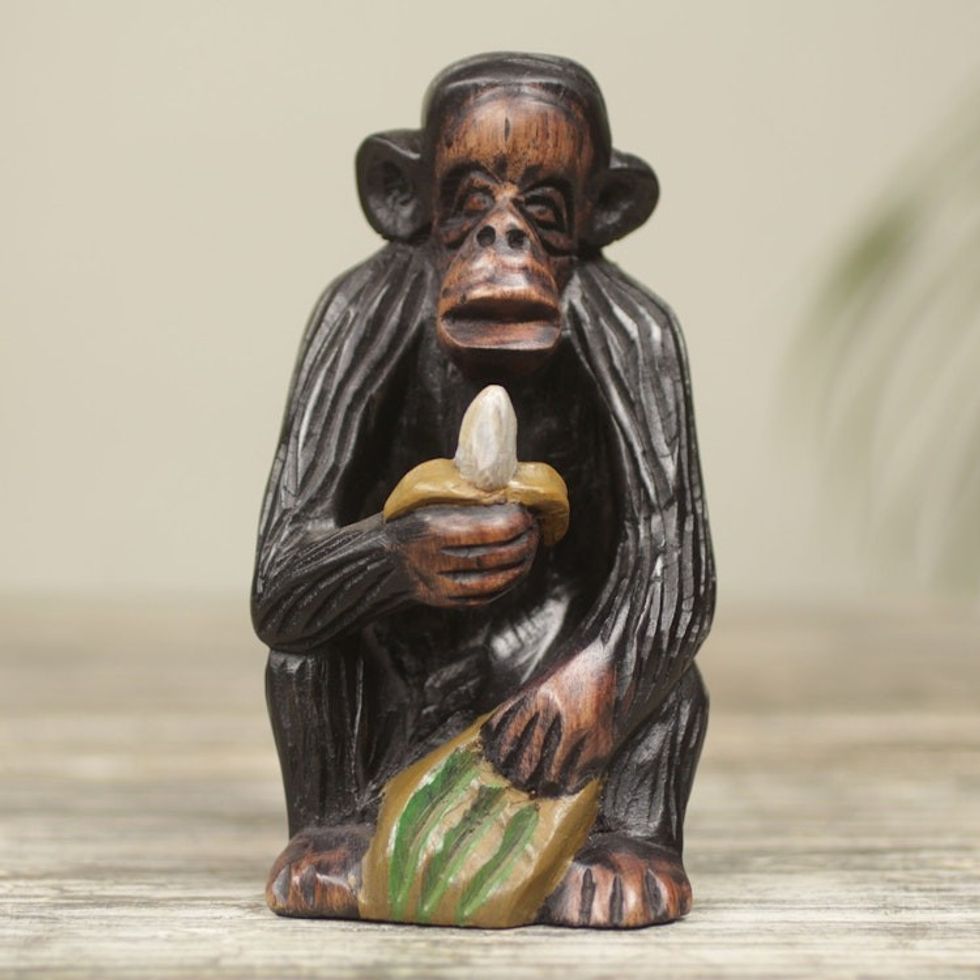 Hand Carved Monkey Theme African Ebony Sculpture 'Banana Snack'