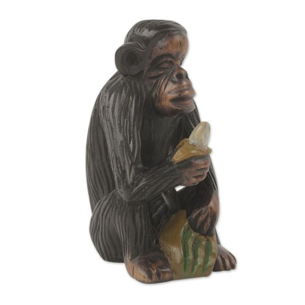 Alternate image for Hand Carved Monkey Theme African Ebony Sculpture Banana Snack