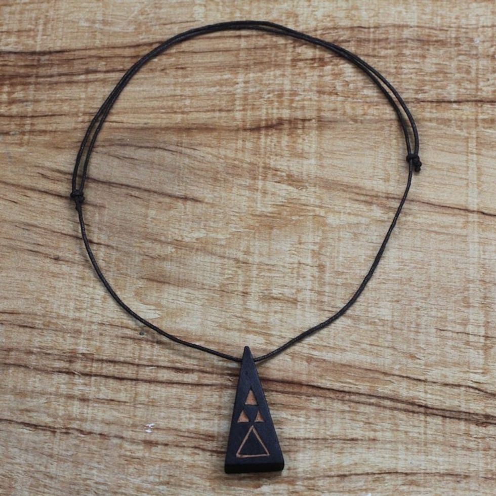 Long Sese Wood Pendant Necklace Hand Crafted in Ghana 'Five Pyramids'