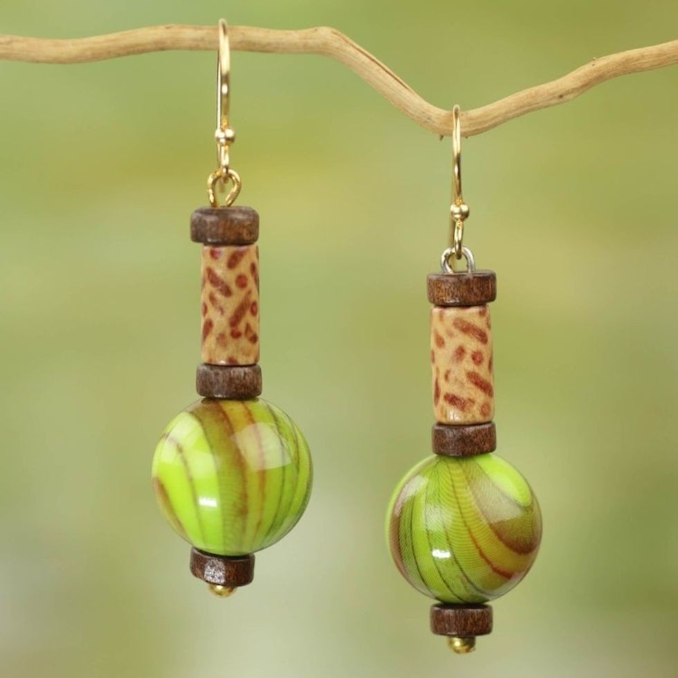 Hand Crafted Sese Wood and Upcycled Plastic Dangle Earrings 'Simplicity Globes'