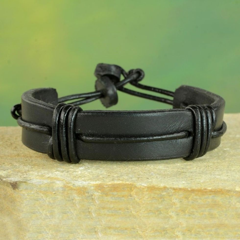 Men's Black Leather Wristband Bracelet from Ghana 'Enduring Strength in Black'