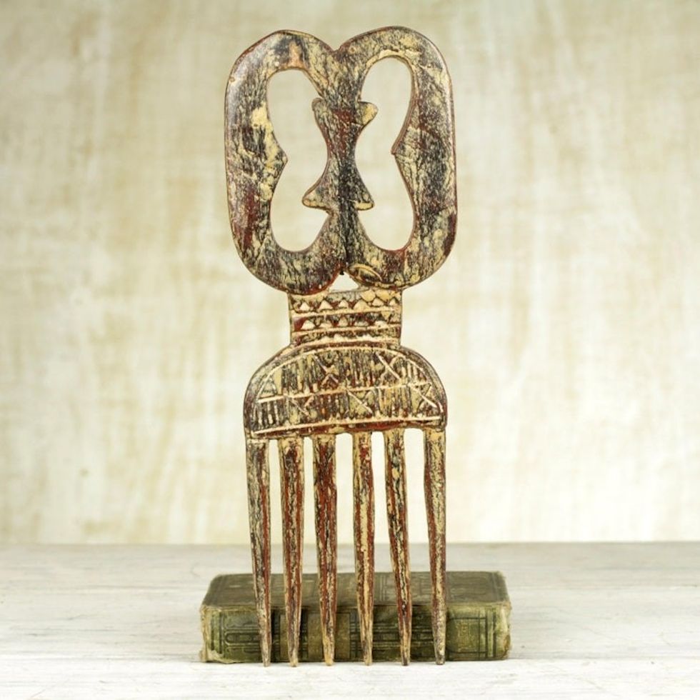 Sese Wood Decorative Comb with a Rustic Finish from Ghana 'Adinkra Unity'