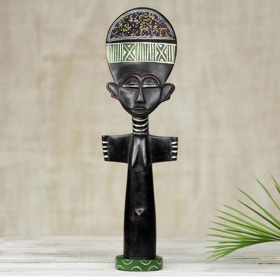 African Beauty Sculpture in Hand Carved Wood and Beadwork 'Ahoufe'