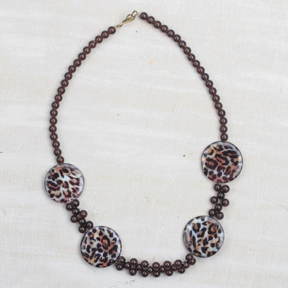 Leopard Motif Recycled Plastic Beaded Necklace from Ghana 'Leopard Style'
