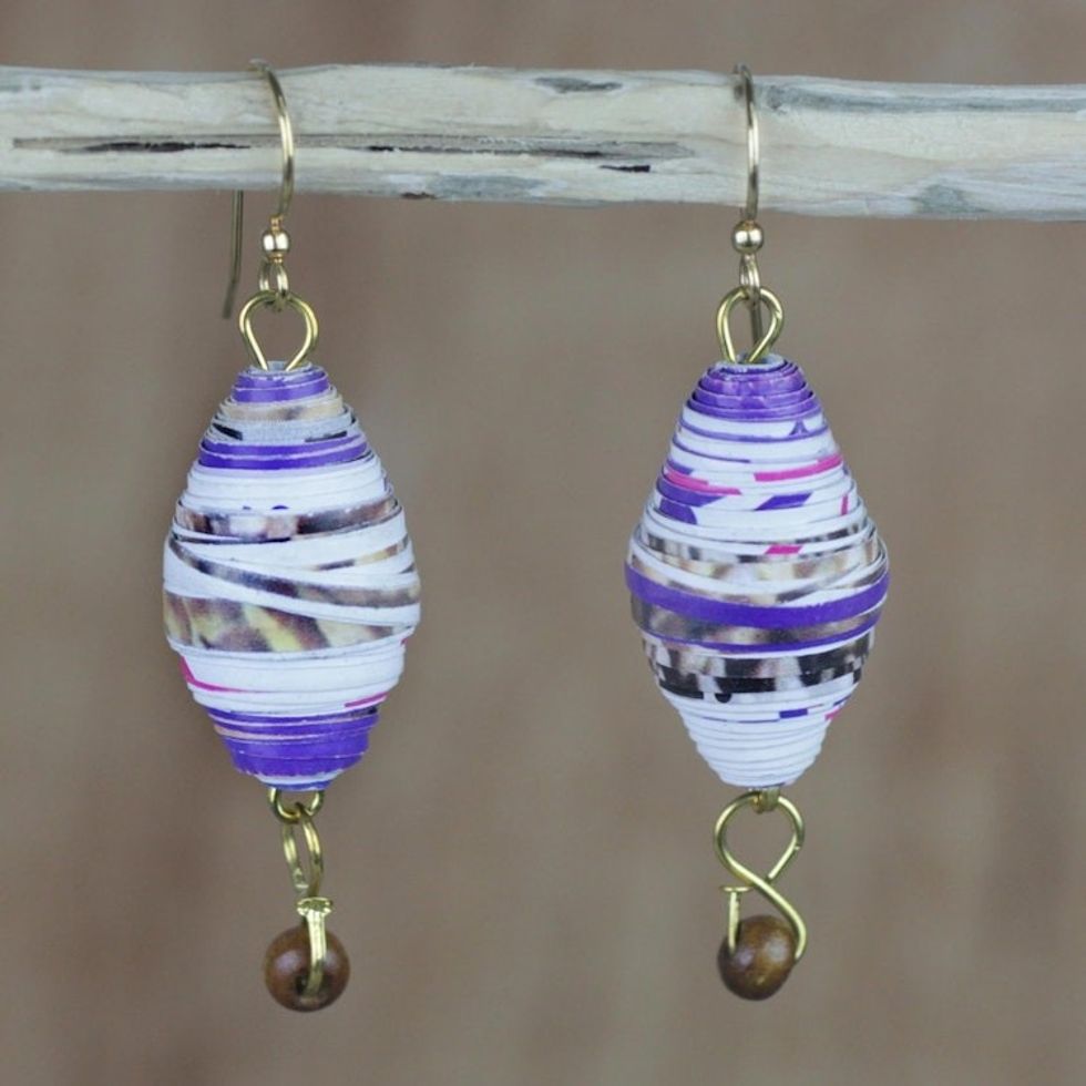 Handmade Recycled Paper and Wood Dangle Earrings from Ghana 'Majestic Abladei'