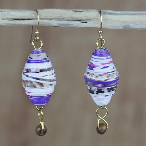 Alternate image for Handmade Recycled Paper and Wood Dangle Earrings from Ghana Majestic Abladei