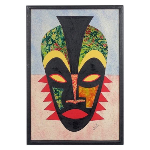 Image for Oil on Cotton African Mask Batik Cardstock Collage Definitive Destiny