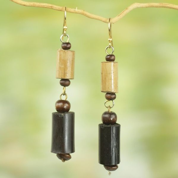 Alternate image for Bamboo and Sese Wood Dangle Earrings Brass Hooks from Ghana African Homestead