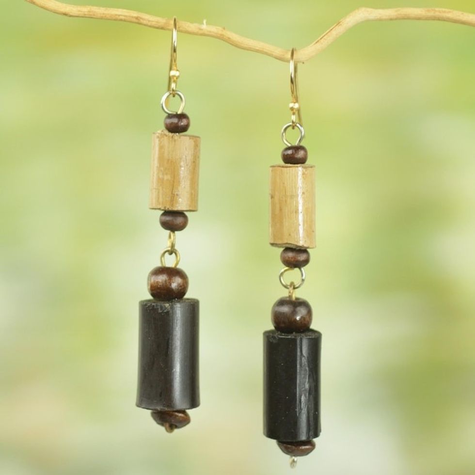 Bamboo and Sese Wood Dangle Earrings Brass Hooks from Ghana 'African Homestead'