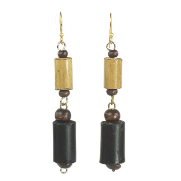 Alternate image for Bamboo and Sese Wood Dangle Earrings Brass Hooks from Ghana African Homestead