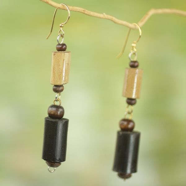 Alternate image for Bamboo and Sese Wood Dangle Earrings Brass Hooks from Ghana African Homestead